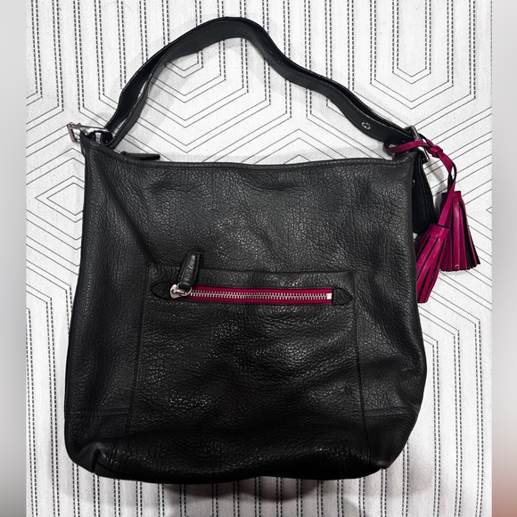 Coach | Large Black Pebble Leather Tote Shoulder Bag w/ Pink Accents | - Picture 4 of 9